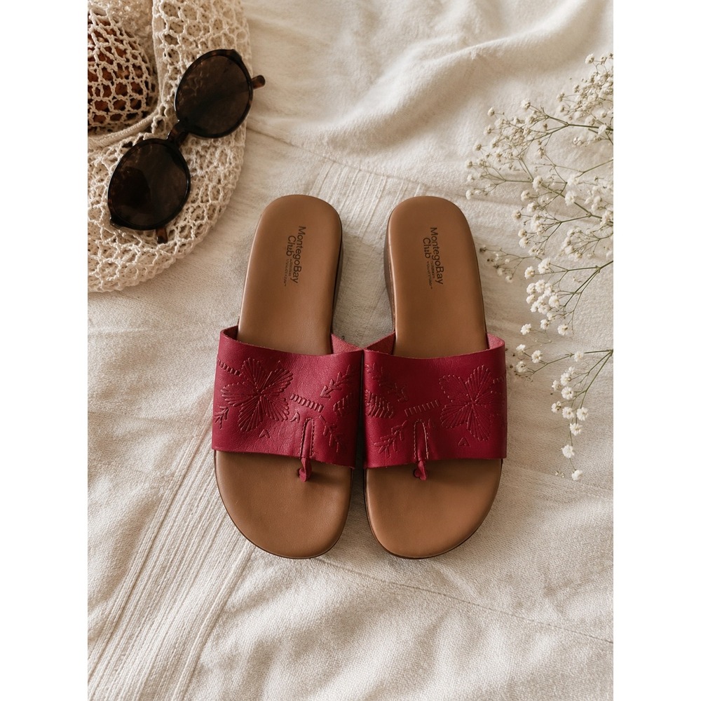 Montego Bay Club Red Leather Floral Embossed Slide Sandals Women 7.5